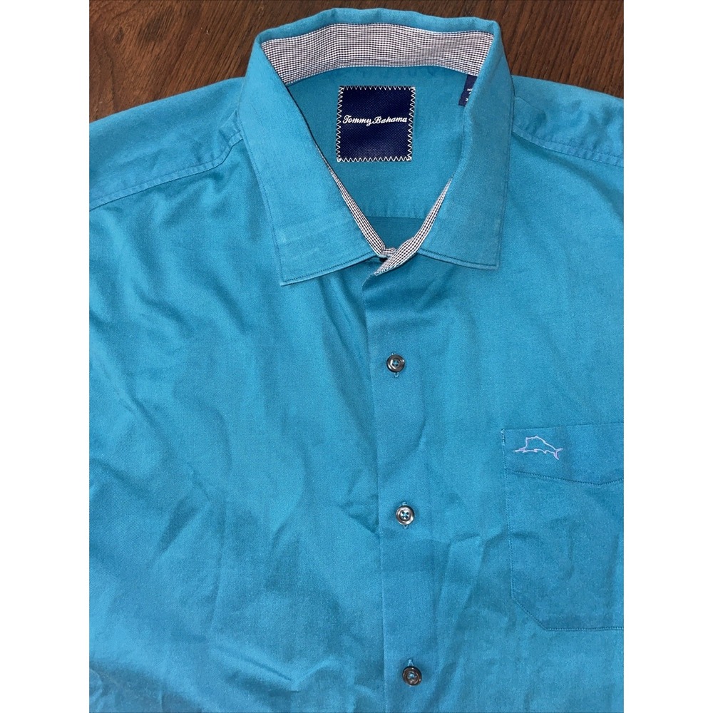 Tommy Bahama Blue Button Down Shirt Dress Shirt Large Silk/Cotton Blend